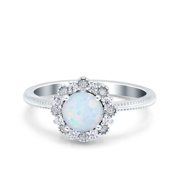 Halo Floral Style Art Deco Round Wedding Engagement Ring Lab Created White Opal 925 Sterling Silver